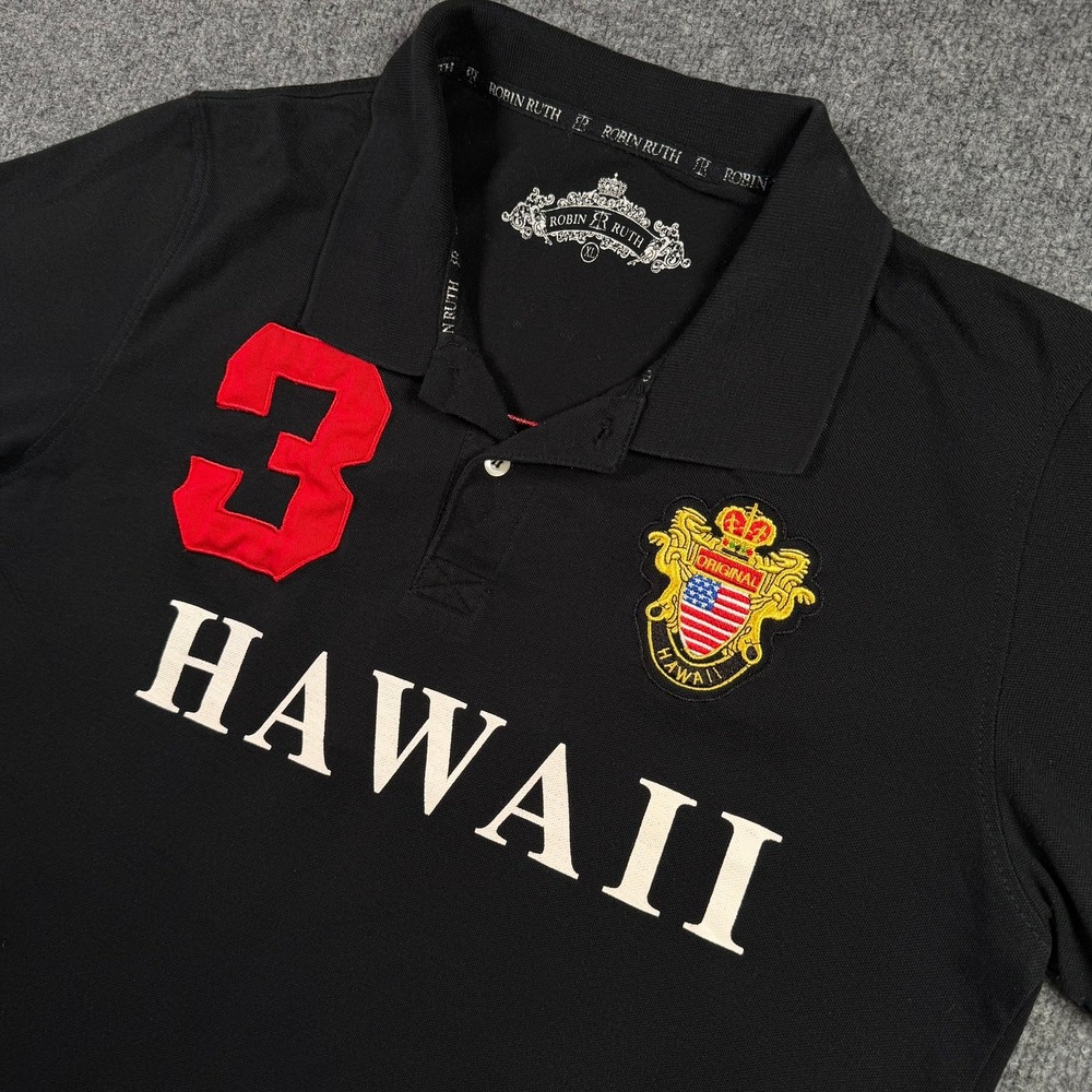Robin Ruth Polo Shirt Mens XL Black Hawaii Crest Number 3 Souvenir Short Sleeve